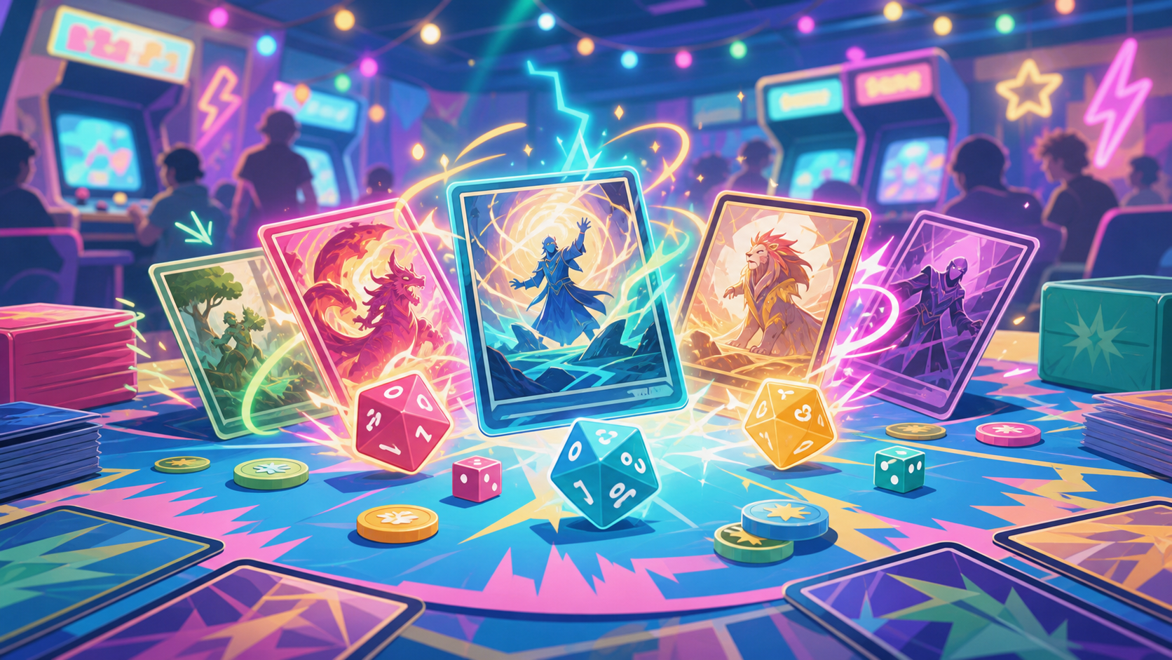 Bunte Fantasy-Karten und W&uuml;rfel in einer Arcade-Party