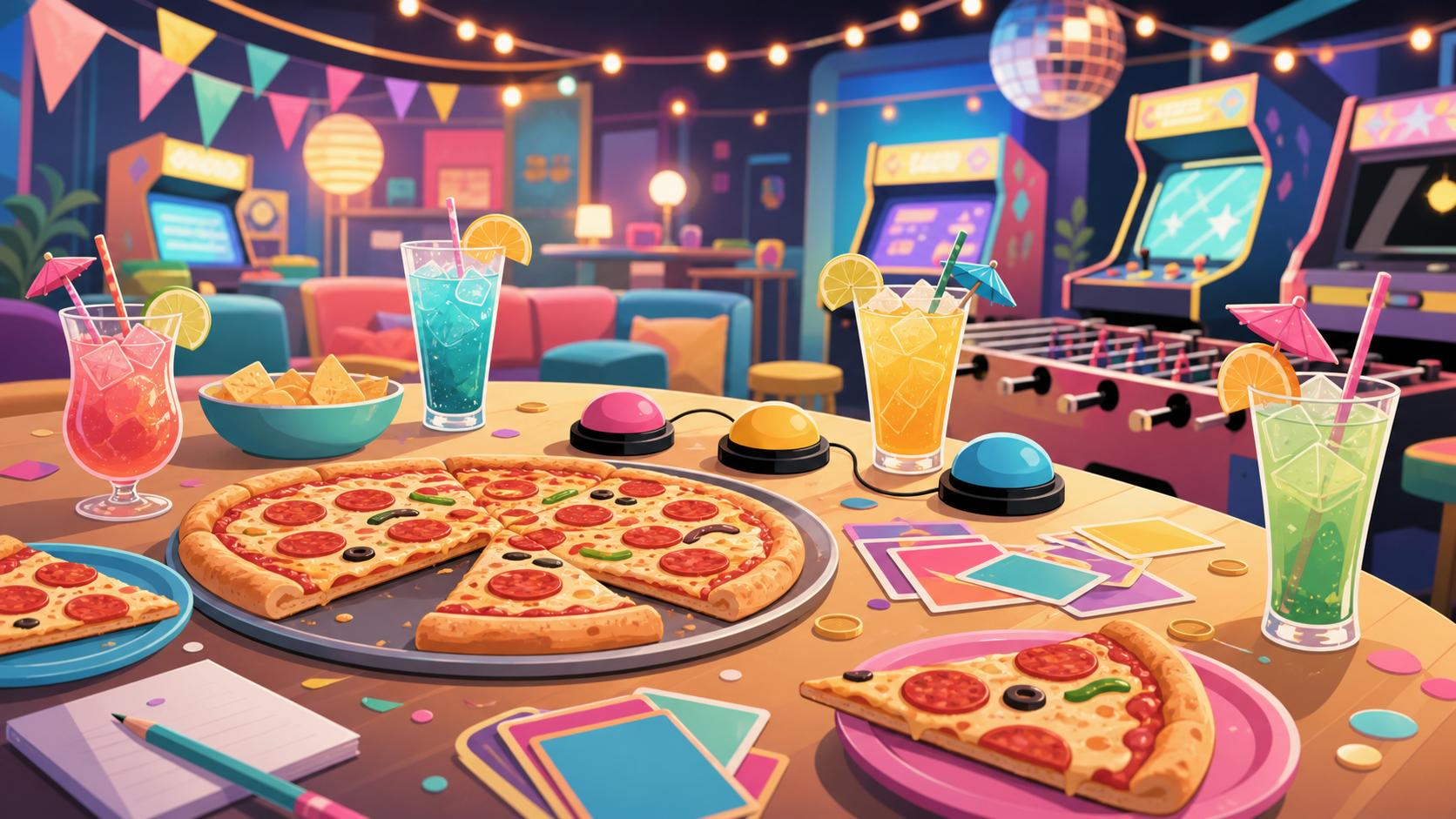 Pizza, bunte Drinks und Quiz-Buzzer in einer Arcade-Lounge