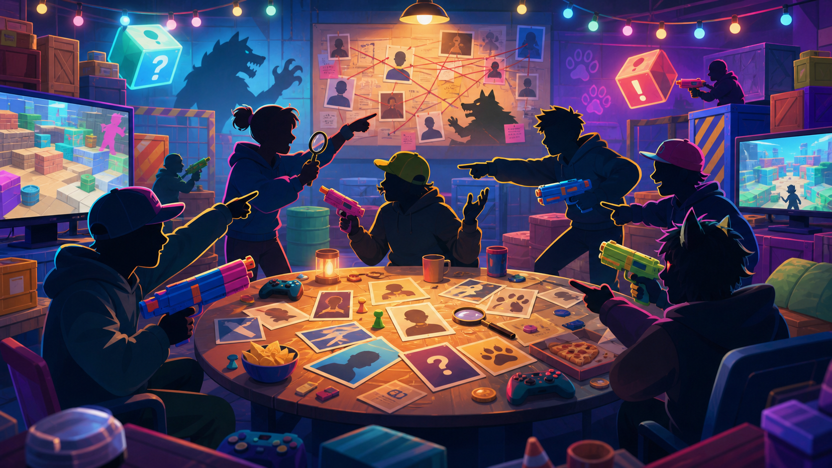 Spielerische TTT-Arcade-Szene mit Detektivtafel, Shooter-Requisiten und Werwolf-Spur