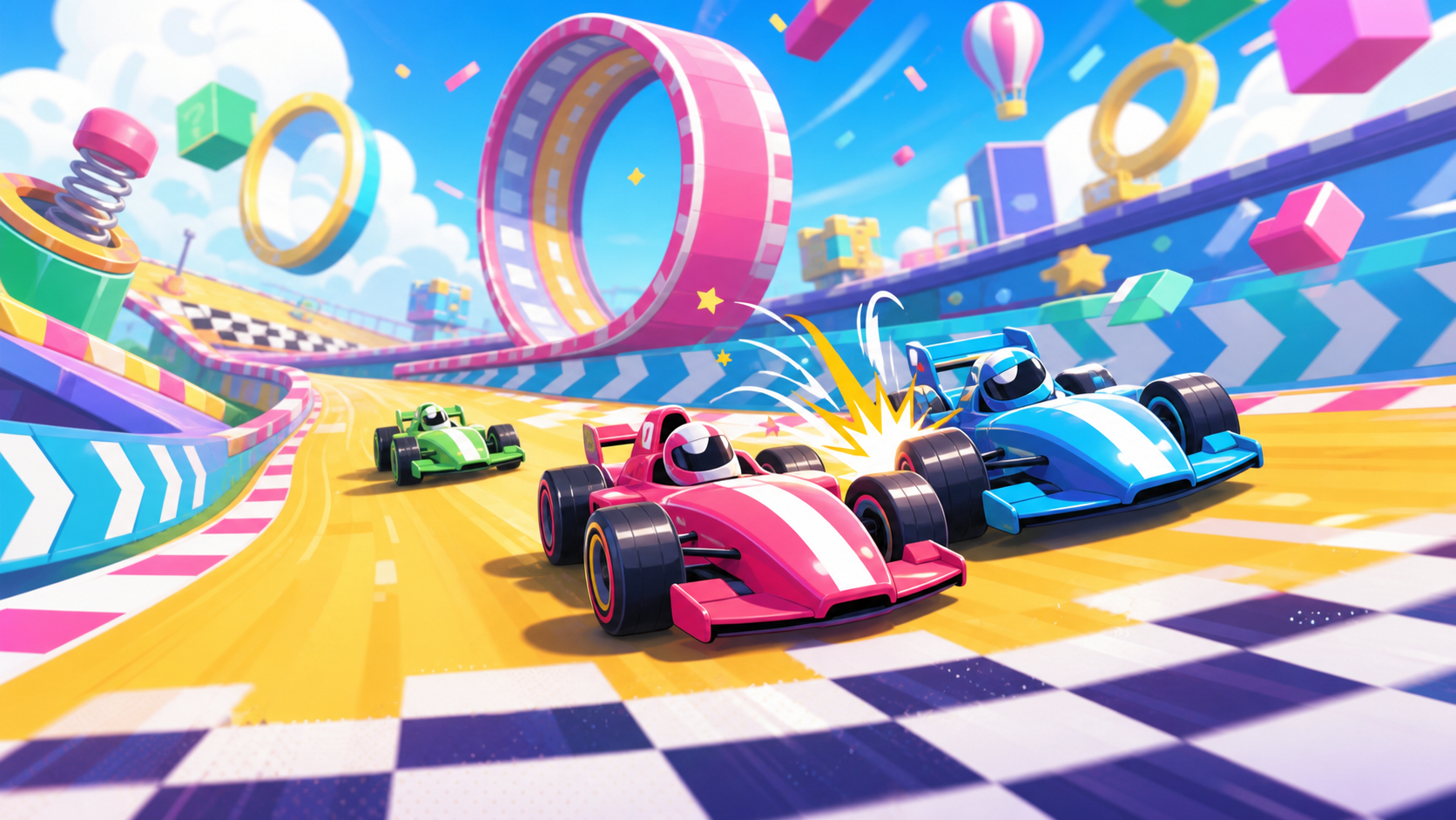 Bunte Arcade-Rennstrecke mit Looping und kleinen Rennautos